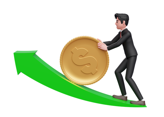 Empresario con traje formal negro empujando una moneda de oro en dólares hacia arriba una flecha verde creciente  3D Illustration
