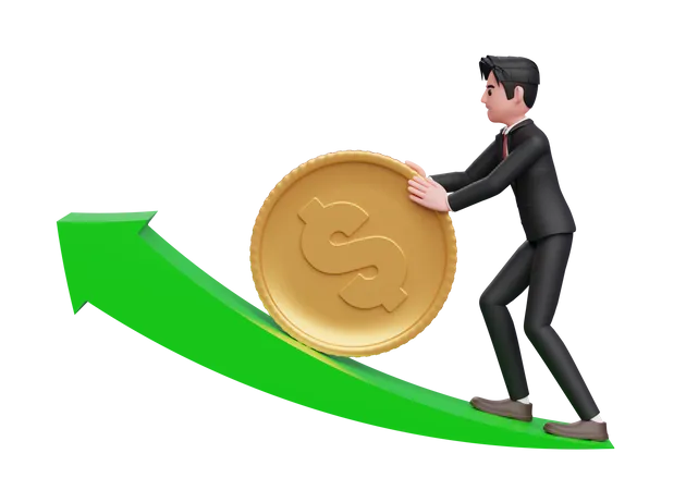 Empresario con traje formal negro empujando una moneda de oro en dólares hacia arriba una flecha verde creciente  3D Illustration