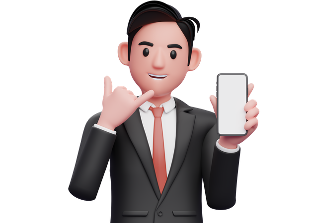 Hombre de negocios con traje formal negro haciendo llámame gesto con el dedo mostrando el teléfono  3D Illustration