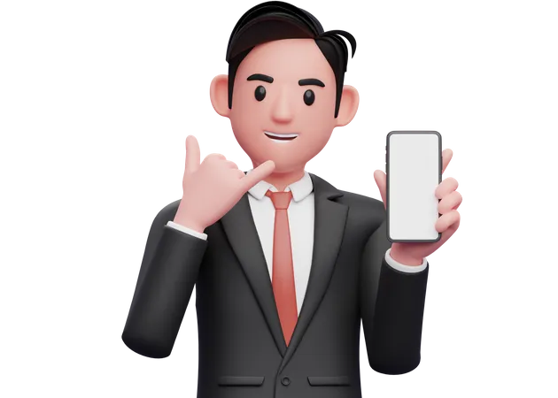 Hombre de negocios con traje formal negro haciendo llámame gesto con el dedo mostrando el teléfono  3D Illustration