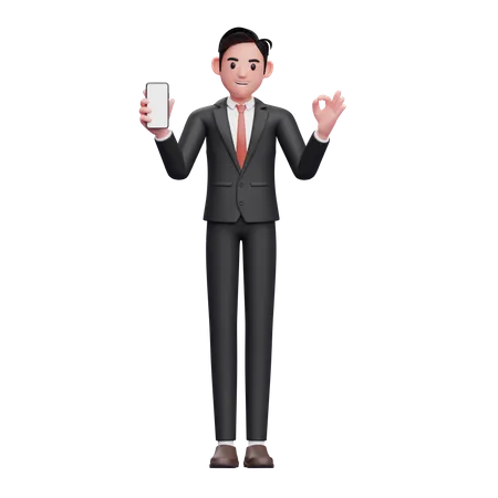 Empresario con traje formal negro sosteniendo el teléfono y mostrando el dedo correcto  3D Illustration