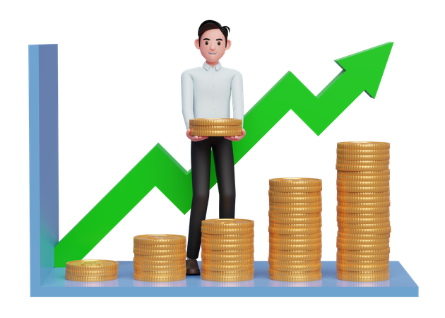 Hombre de negocios con vestido azul haciendo gráfico de barras estadístico con un montón de monedas de oro  3D Illustration