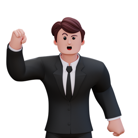 Empresario enojado mostrando la mano derecha hacia arriba  3D Illustration