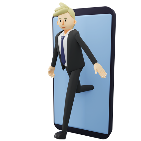 El hombre de negocios está saliendo del teléfono inteligente.  3D Illustration