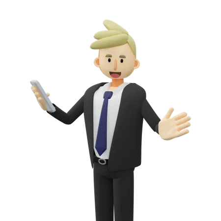 El empresario sostiene un teléfono inteligente.  3D Illustration