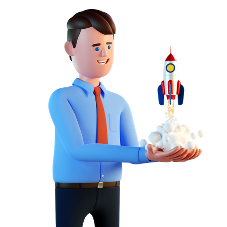 Empresário está voando em um foguete  3D Illustration