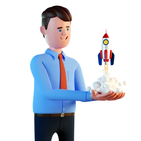 Empresário está voando em um foguete  3D Illustration