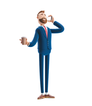 Empresário falando ao telefone segurando uma xícara de café  3D Illustration