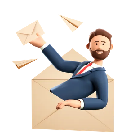 Ilustracao 3 D Do Homem Dos Desenhos Animados Em Um Enorme Envelope Postal Segurando Uma Carta De Correio Avioes De Papel Voadores E Empresario Sorridente Servico De E Mail Rede Social Conceito De Recebimento E Envio De Mensagens 3D Illustration