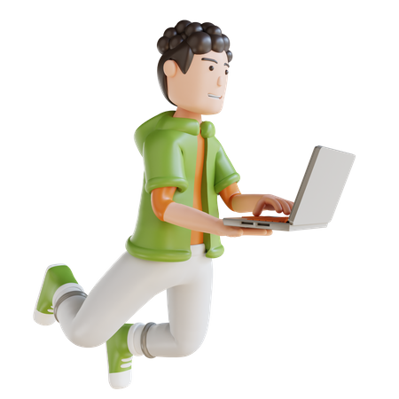 Homem de negócios voando segurando laptop  3D Illustration