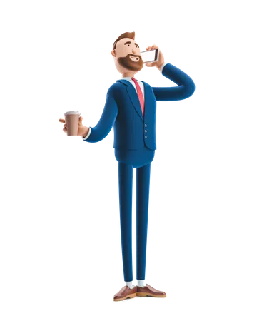 Empresario hablando por teléfono sosteniendo una taza de café  3D Illustration