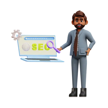 Empresario haciendo investigación Seo  3D Illustration