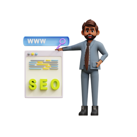 Empresario haciendo trabajos de investigación Seo  3D Illustration