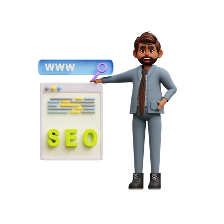 Empresario haciendo trabajos de investigación Seo  3D Illustration