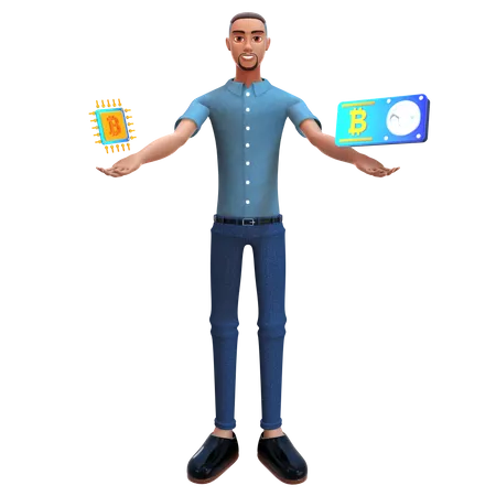 Empresario sosteniendo chip bitcoin  3D Illustration