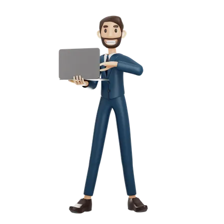 Hombre de negocios, tenencia, computador portatil  3D Illustration