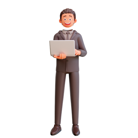 Hombre de negocios, tenencia, computador portatil  3D Illustration