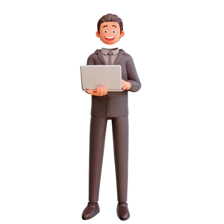 Hombre de negocios, tenencia, computador portatil  3D Illustration