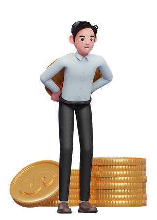 Empresário inteligente de camisa azul carregando uma moeda gigante nas costas  3D Illustration