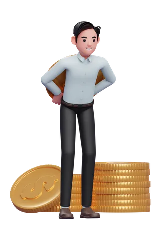 Empresário inteligente de camisa azul carregando uma moeda gigante nas costas  3D Illustration