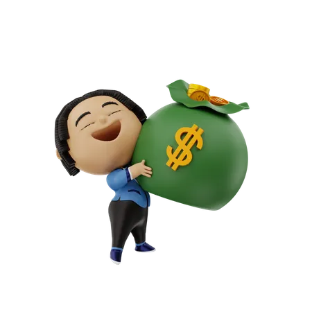 Empresário levantando uma bolsa de dinheiro  3D Illustration