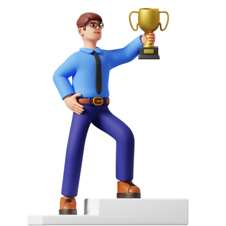 Empresário levantando um troféu  3D Illustration