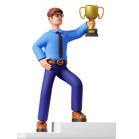 Empresario levantando un trofeo  3D Illustration