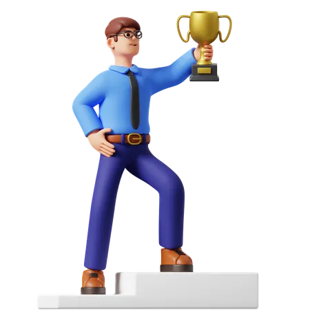 Empresario levantando un trofeo  3D Illustration