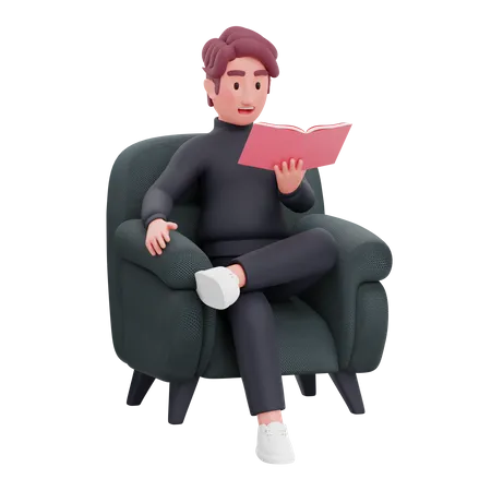 Empresario leyendo un libro de negocios mientras está sentado en el sofá  3D Illustration