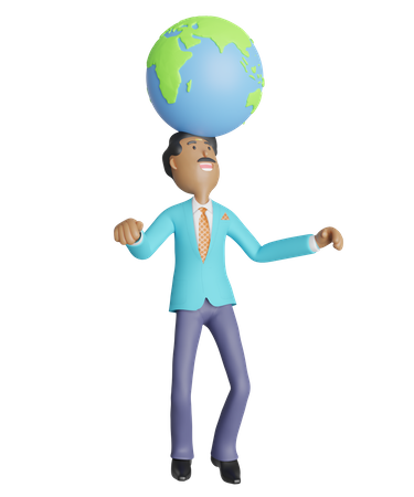 Empresario llevando un gran globo sobre su cabeza - Concepto de negocio global  3D Illustration