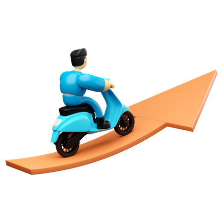 Empresario montando con scooter en el gráfico flecha hacia arriba éxito  3D Illustration