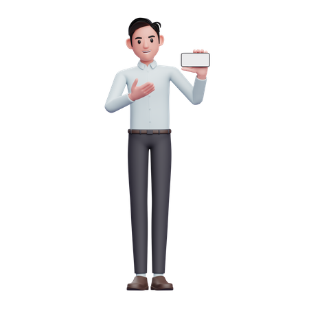 Empresário mostrando a tela do celular em branco  3D Illustration