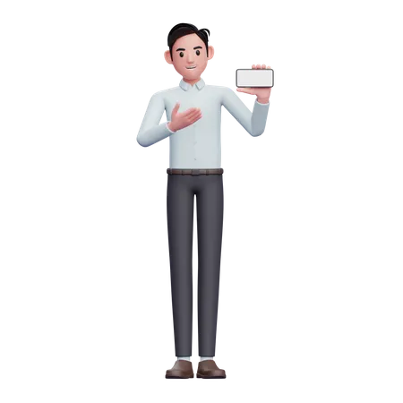 Empresário mostrando a tela do celular em branco  3D Illustration