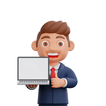 Empresário mostrando a tela do laptop  3D Illustration