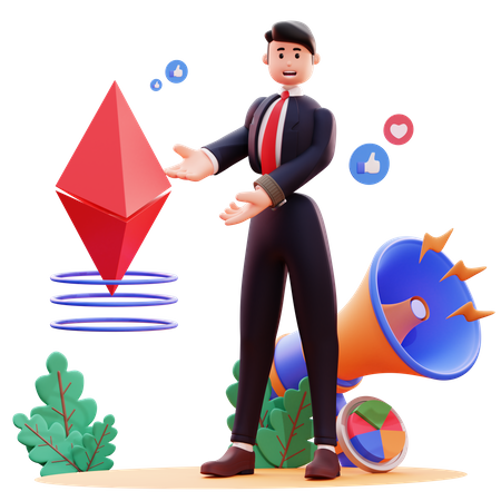 Empresario mostrando signo de ethereum  3D Illustration