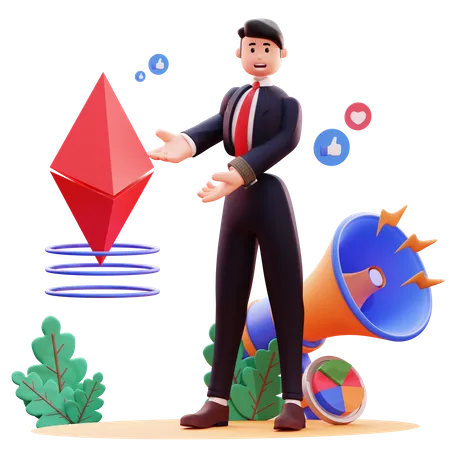 Empresario mostrando signo de ethereum  3D Illustration