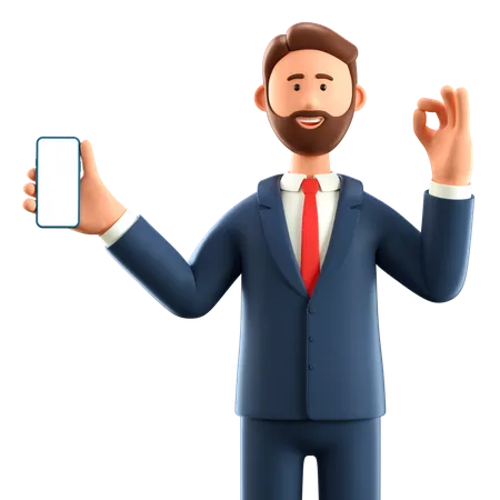 Empresário mostrando smartphone com tela em branco e gesto OK  3D Illustration