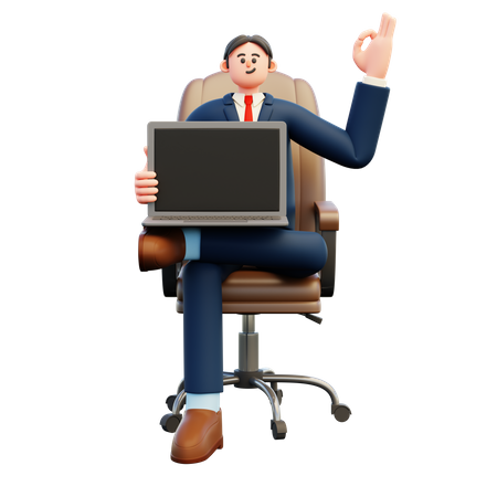 Empresário mostrando tela de laptop em branco com gesto ok  3D Illustration