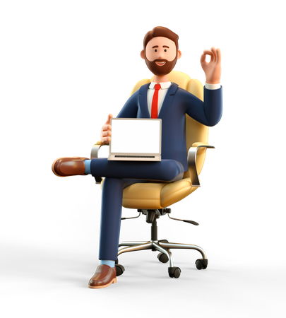 Empresário mostrando tela de laptop em branco e gesto OK  3D Illustration