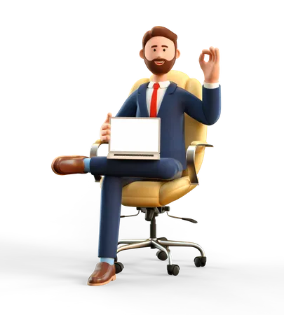 Empresário mostrando tela de laptop em branco e gesto OK  3D Illustration