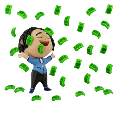 Empresário muito feliz com chuva de dinheiro  3D Illustration