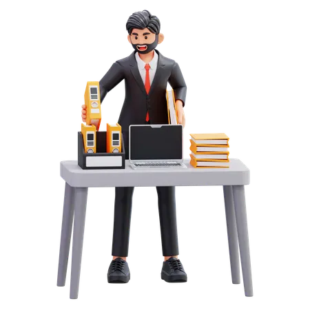 Hombre de negocios organizando documentos en el escritorio  3D Illustration