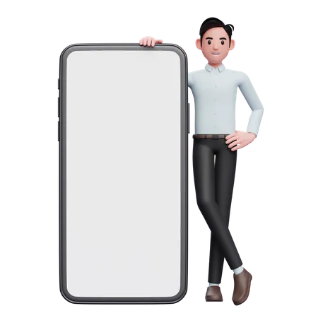 Empresario parado junto a un teléfono grande  3D Illustration