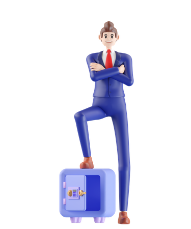 Hombre de negocios, posición, en, caja fuerte  3D Illustration