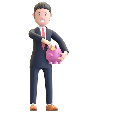 El Empresario Puso Moneda En La Ilustracion 3 D Del Personaje De Alcancia 3D Illustration