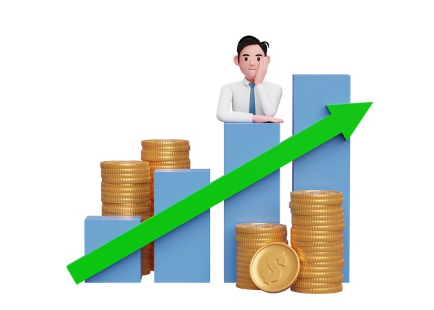 Empresario poniendo su barbilla en la mano mientras se apoya en el gráfico de barras Crecimiento de acciones con flecha de estadísticas de gráfico hacia arriba  3D Icon
