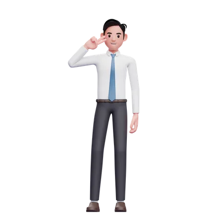 Empresario Posando Dedo De Paz Empresario 3 D Vestindo Camisa Longa E Gravata Azul 3D Illustration
