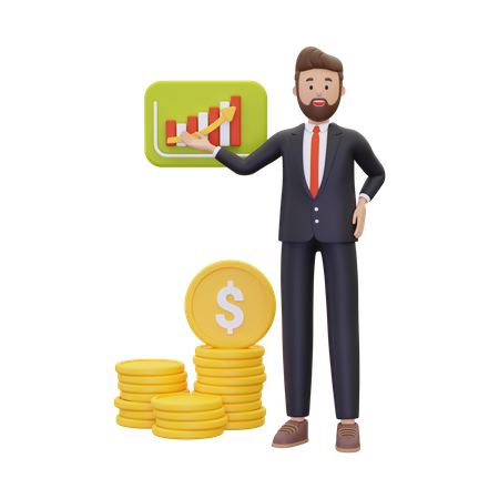 Empresario presentando análisis de crecimiento.  3D Icon