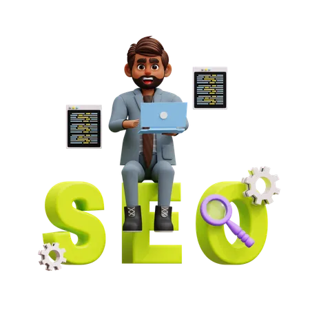 Empresário trabalhando como especialista em SEO  3D Illustration