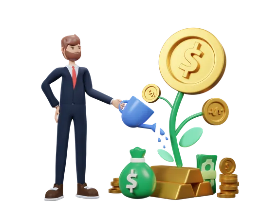 Empresário regando planta de dinheiro  3D Illustration